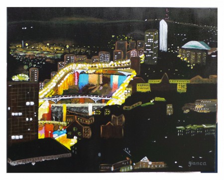 LA CITE ARDENTE : acrylique sur toile, 40 cm x 50 cm, février 2015. Représentation de la Ville de Liège, la nuit.